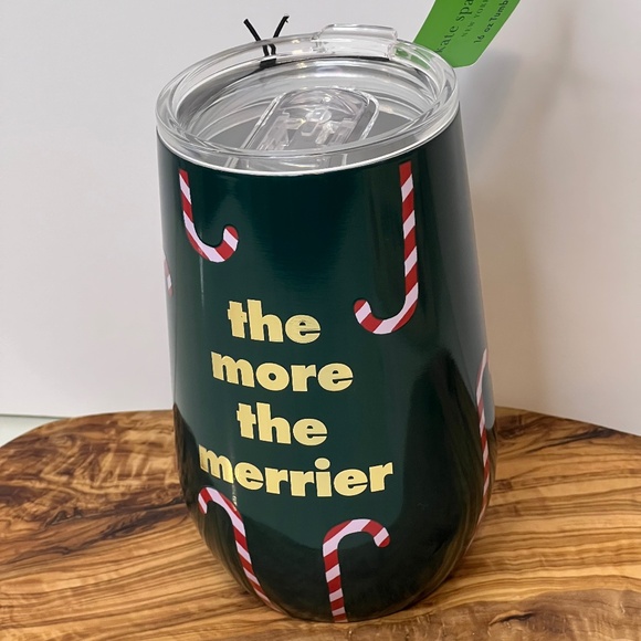 KATE SPADE Stainless Steel Holiday Tumbler Mug - “The More The Merrier” - NEW - Picture 2 of 12